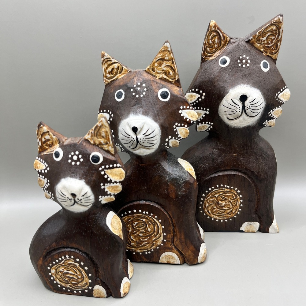 Trio of Brown Wooden Carved Standing Kitty Cat Folk Art Figurines Boho Vtg - Picture 1 of 10